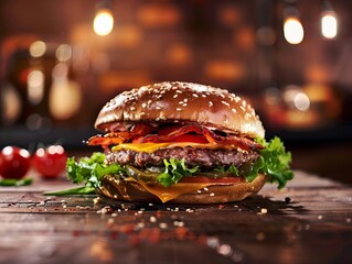 Savory Beef Burger Presentation on a Rustic Wooden Table