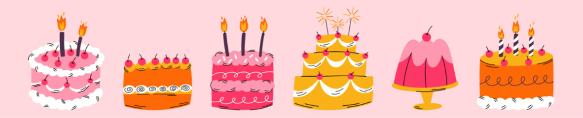 Collection of various Birthday cakes vector illustrations, Different types of desserts and sweets food elements set, bakery, confectionery, cafe, shop design concept, cheesecake, jelly, wedding cake