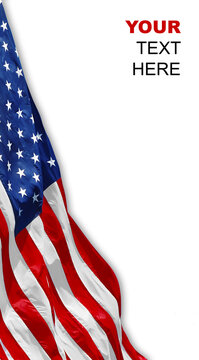 An American flag on a white background. Vertical template.