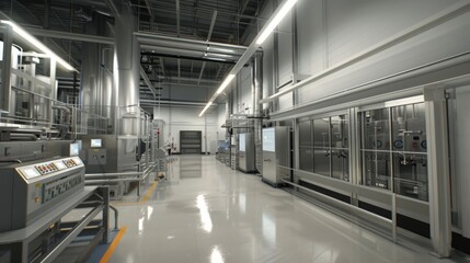 A spacious industrial factory with state-of-the-art machinery and equipment in operation, featuring clean, well-lit interiors and reflective floors, showcasing high standards of cleanliness and