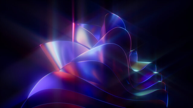 3D render of glowing neon abstract wavy holographic shapes