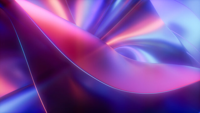 Fototapeta 3D render of glowing neon abstract wavy holographic shapes