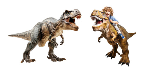 Set of tyrannosaurus rex with a child riding the dinosaur isolated on transparent background.
