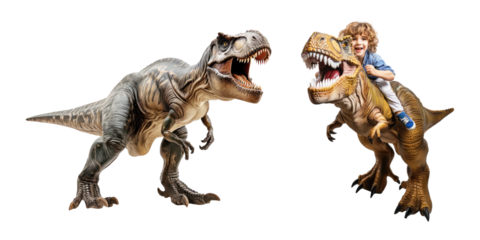 Set of tyrannosaurus rex with a child riding the dinosaur isolated on transparent background.