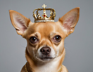A regal Chihuahua wearing a golden crown and necklace, set against a simple gray background. The dog's expression is serious and dignified, befitting its royal attire.