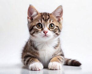 American Wirehair breed cat sitting isolated on white background looking at camera.