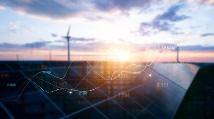 Blurred Windmill and solar panel graphic diagram of air currents that produce green energy. Digital graphic work on green energy power Production. Green energy power production. Renewable energy desig