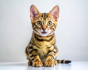 Fototapeta premium Bengal breed cat sitting isolated on white background looking at camera.