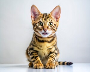 Bengal breed cat sitting isolated on white background looking at camera.