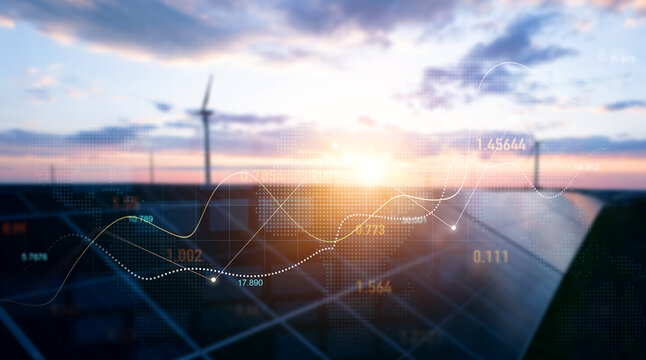 Blurred Windmill and solar panel graphic diagram of air currents that produce green energy. Digital graphic work on green energy power Production. Green energy power production. Renewable energy desig