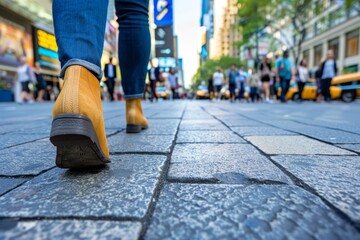 Fototapeta premium A close-up view of a persons lower body, showcasing bright yellow boots on their feet