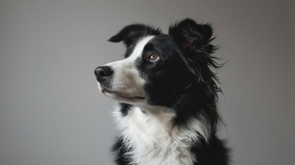 Head shot of a Attentive border collie dog sitting, looking away against a grey background