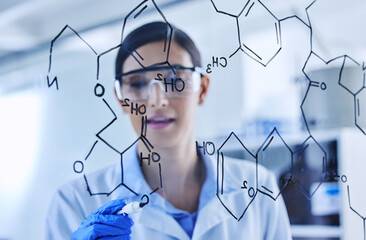 Glass, hand and scientist writing molecule for chemistry, research or medical solution innovation in laboratory. Board, science or woman drawing formula with marker to study structure of atom closeup