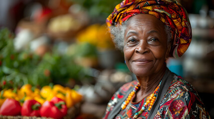 Fototapeta premium Smiling Elderly Woman at a Market Stall