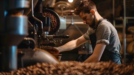 Male worker is working in coffee roasting shop and checking coffee quality.