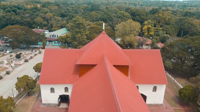 Drone shot of the San Isidro Labrador Parish Church in Lazi municipality, Siquijor, Philippines