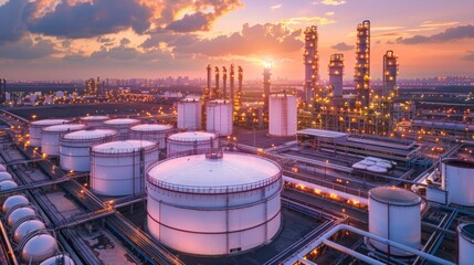 Massive oil refinery with large storage tanks and distillation columns lit up during sunset, showcasing the extensive industrial complex.