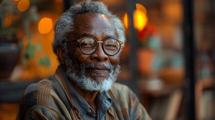 Close-up portrait of a senior man with gray hair and beard, wearing glasses and a face mask, looking at the camera in a warm, inviting setting.