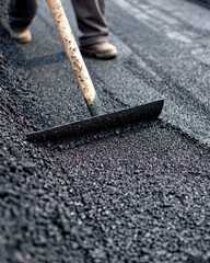 A construction worker in a reflective vest uses a metal rake to smooth and level a freshly paved asphalt road.