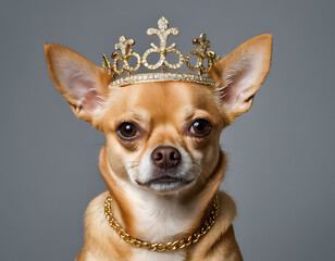 A regal Chihuahua wearing a golden crown and necklace, set against a simple gray background. The dog's expression is serious and dignified, befitting its royal attire.