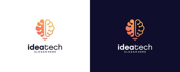 Idea technology logo design, symbol brain with lamp, blub vector