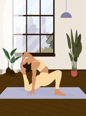 Minimalist flat vector illustration of a woman practicing yoga on the mat at home. 