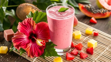 Tropical Fruit Smoothie with Hibiscus Decoration on Wooden Table