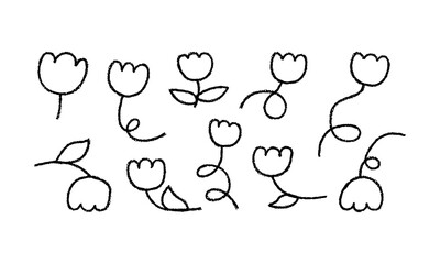 Set of abstract crayon naive flowers. Vector illustration of doodle florals in quirky charcoal style