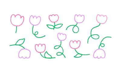 Set of abstract crayon naive flowers. Vector illustration of doodle florals in quirky charcoal style