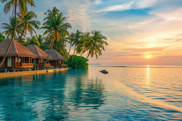 A luxurious tropical resort during sunrise, featuring overwater villas with traditional thatched roofs, surrounded by lush palm trees and an infinity pool seamlessly blending with the ocean
