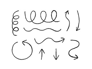 Set of abstract quirky arrows and squiggle lines. Vector illustration of crayon or charcoal doodles 