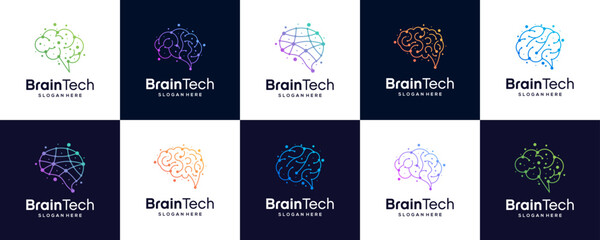 set of brain connection logo design. digital brain logo template