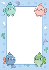 Blank-white note page paper with a very thin (close to the paper edge) adorable fishes theme border, shades of strong white tones. Cartoon-comic style 