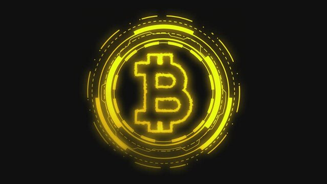 Digital style of cryptocurrency big data. Burning bitcoin icon in the center of spinning gears and circles. Technological background. Black, 4K looped 60 fps
