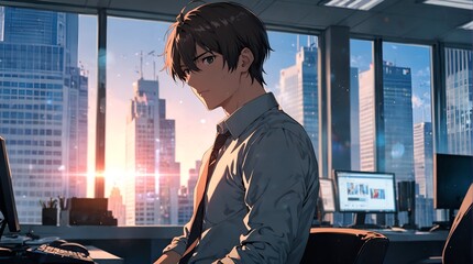 anime A business executive in his office with large windows behind him