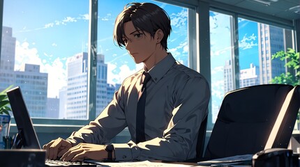 anime A business executive in his office with large windows behind him