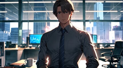 anime A business executive in his office with large windows behind him