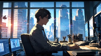 anime A business executive in his office with large windows behind him