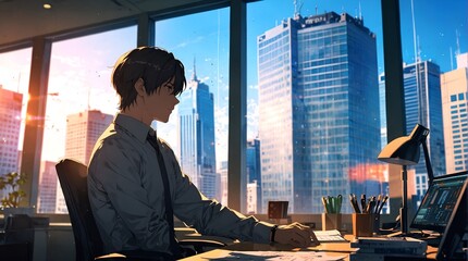anime A business executive in his office with large windows behind him