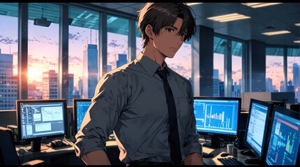 anime businessman in front of computer