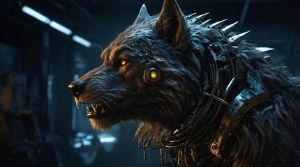 A fiercely augmented dieselpunk werewolf, its metal-infused fur gleams in the harsh industrial light, capturing a sense of primal power
