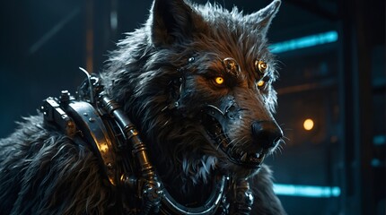 A fiercely augmented dieselpunk werewolf, its metal-infused fur gleams in the harsh industrial light, capturing a sense of primal power