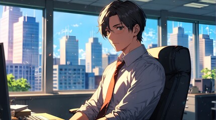 anime A business executive in his office with large windows behind him