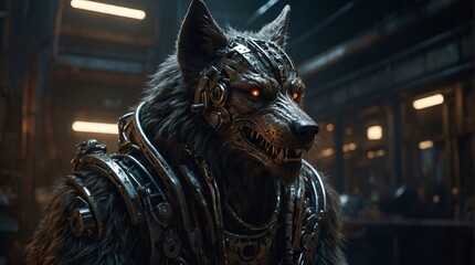 A fiercely augmented dieselpunk werewolf, its metal-infused fur gleams in the harsh industrial light, capturing a sense of primal power