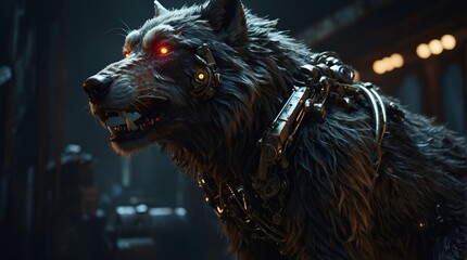 A fiercely augmented dieselpunk werewolf, its metal-infused fur gleams in the harsh industrial light, capturing a sense of primal power