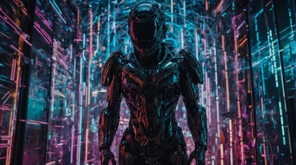 In a mesmerizingly chaotic digital world, a cybernetically enhanced figure looms ominously amidst flickering neon codes and glitching data streams. 