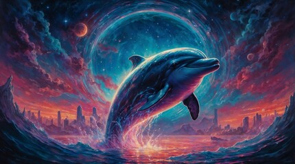 A synthwave idyllic creature emerges from a vibrant haze of neon colors, its sleek and streamlined form glowing with a soft, ethereal light.