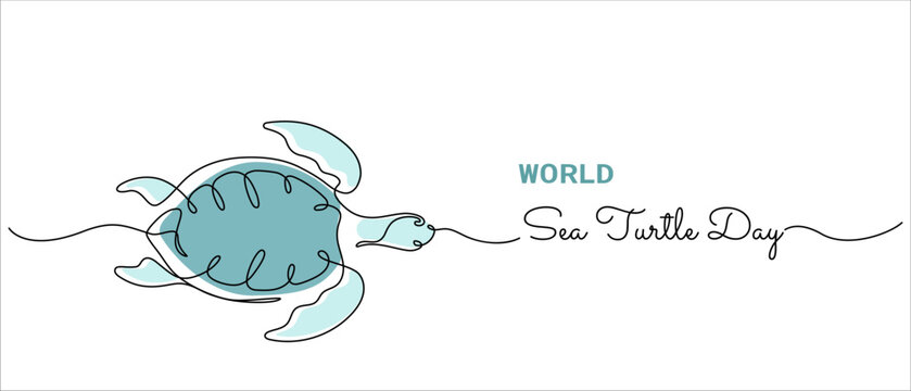 World Sea Turtle Day minimal banner. Abstract one line drawing on white background with hand written style text. Vector illustration