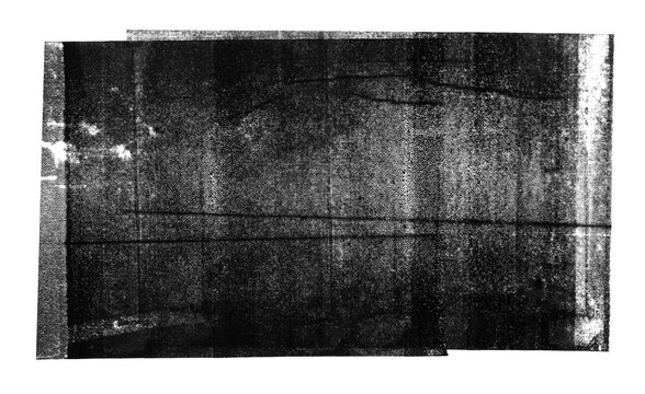 Linocut, relief printing rectangle texture. Black and white artistic linocutting text background with rough uneven edge. Dirty, grungy paint roller stains, wide textured lino ink remains.