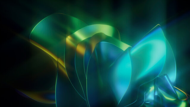 3D render of glowing neon abstract wavy holographic shapes